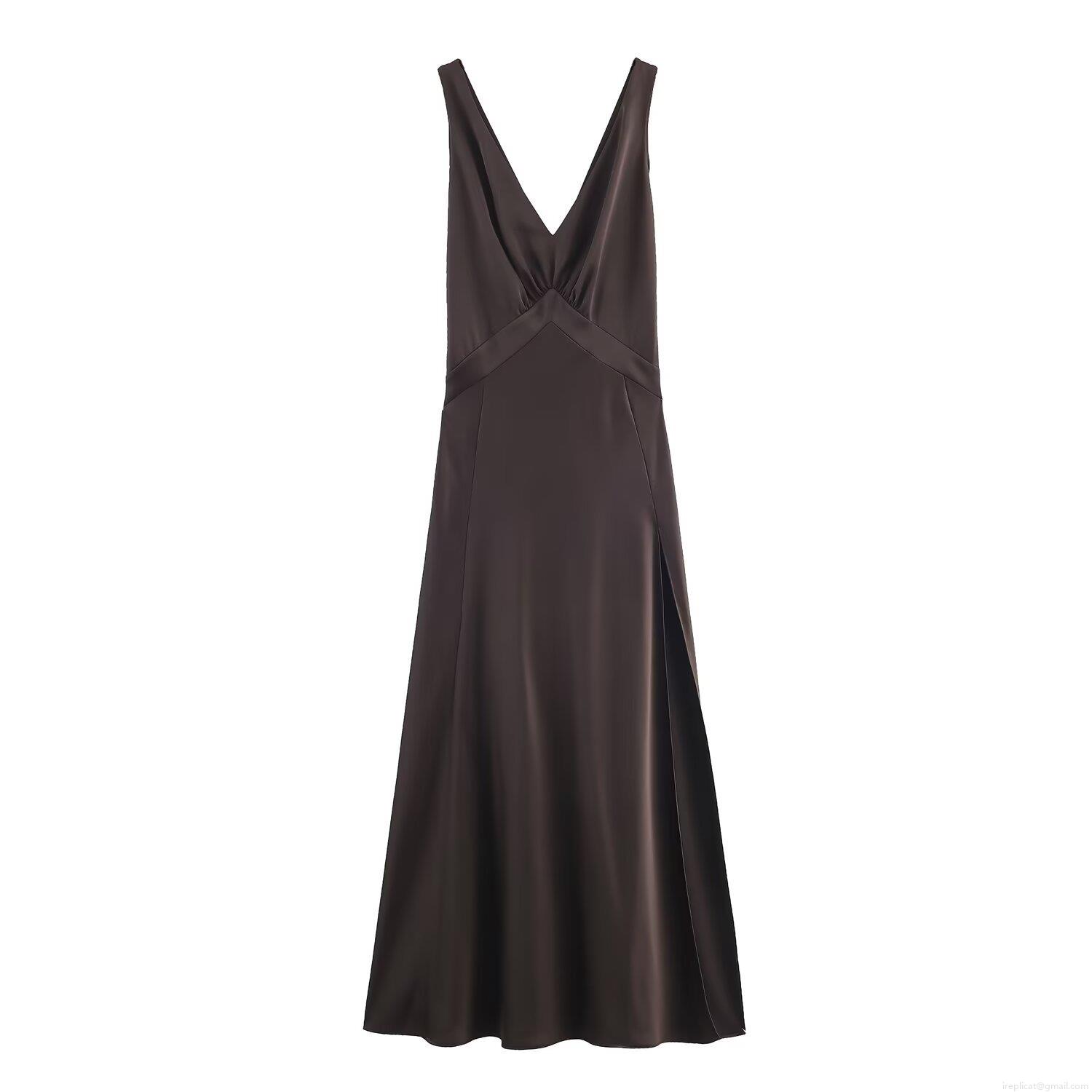 Women Elegant Deep V-Neck Acetate Satin Camisole Dress Sleeveless Side Slit Pleated Midi Party Dress Summer Vacation Chic Chocolate Long Dress Women Elegant Deep V-Neck Acetate Satin Camisole Dress Sleeveless Side Slit Pleated Midi Party Dress Summer Vacation Chic Chocolate Long Dress