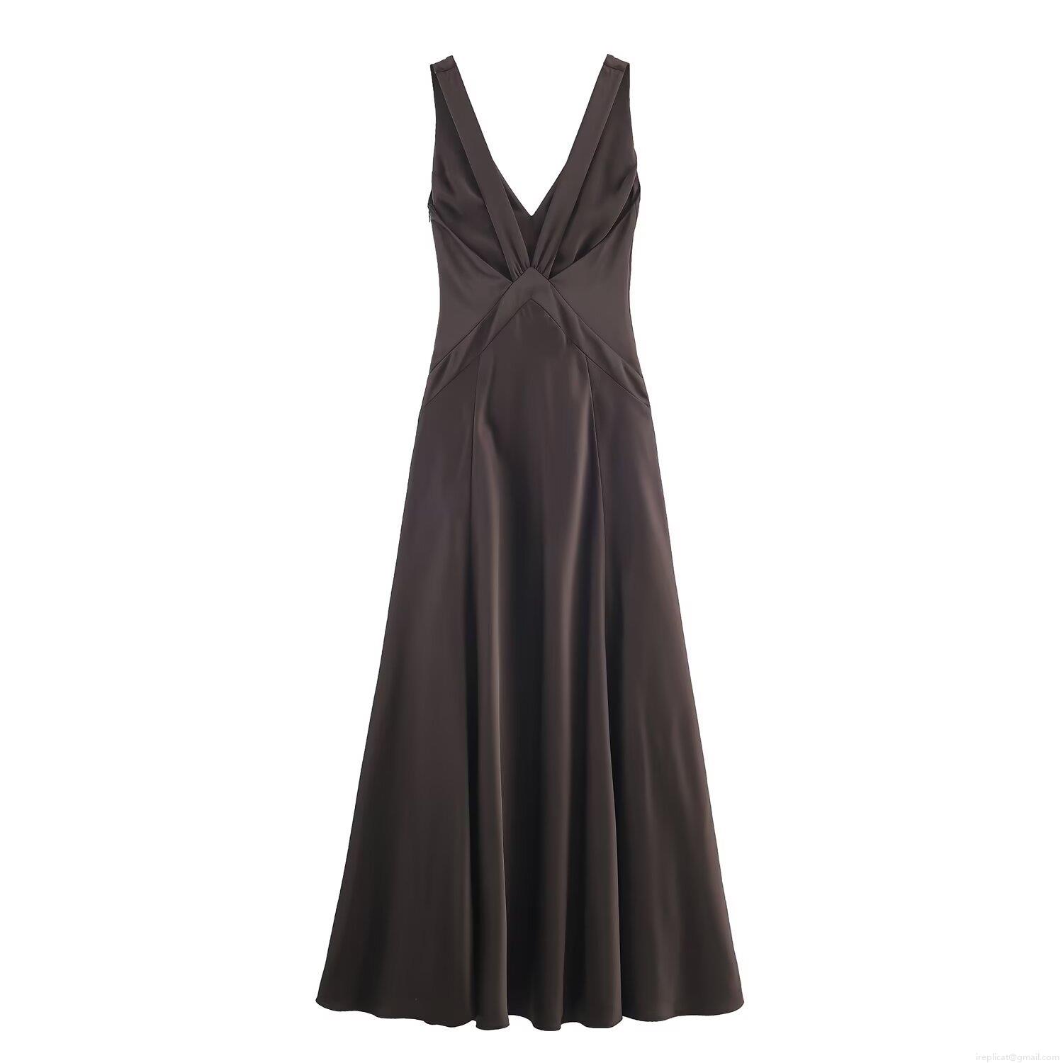 Women Elegant Deep V-Neck Acetate Satin Camisole Dress Sleeveless Side Slit Pleated Midi Party Dress Summer Vacation Chic Chocolate Long Dress