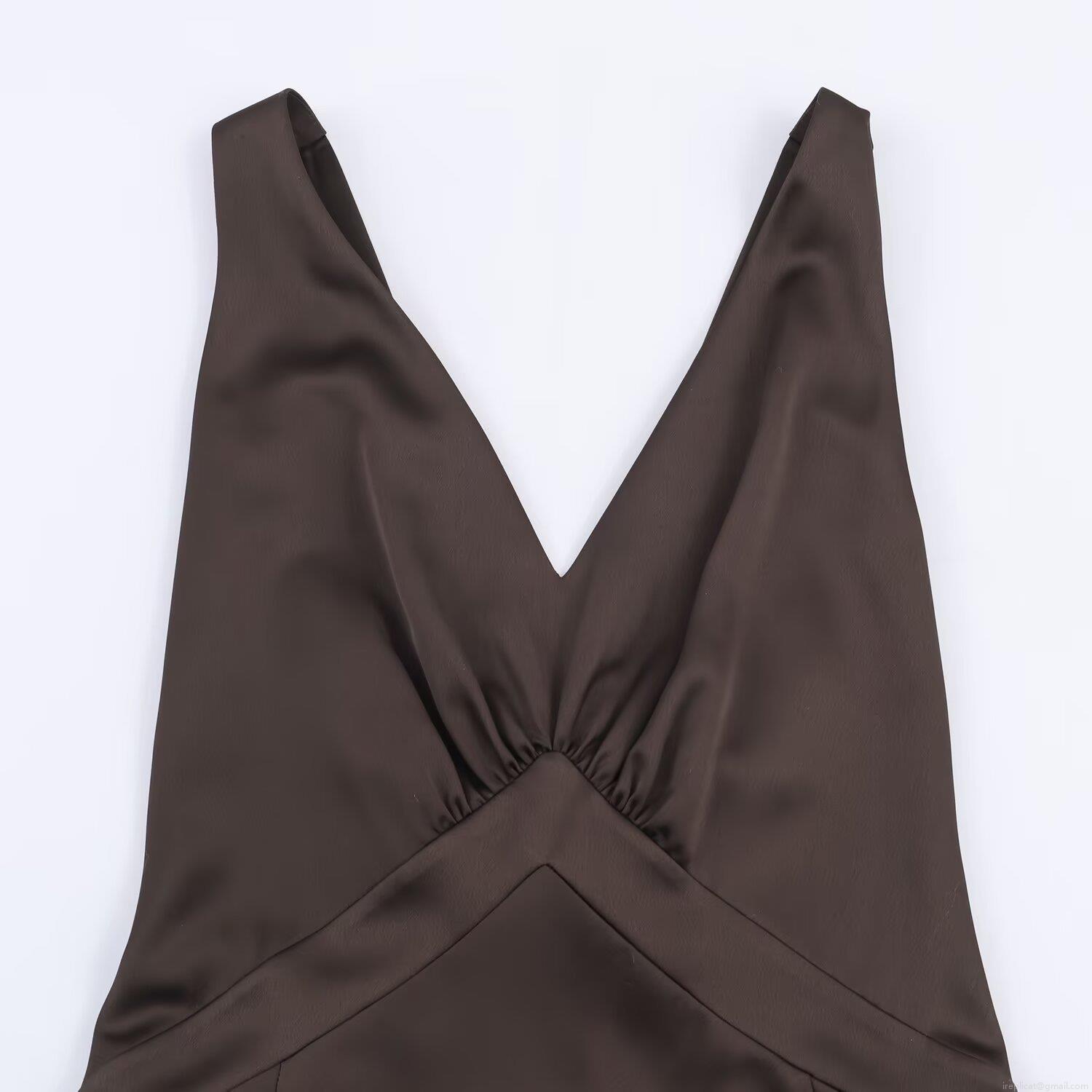 Women Elegant Deep V-Neck Acetate Satin Camisole Dress Sleeveless Side Slit Pleated Midi Party Dress Summer Vacation Chic Chocolate Long Dress