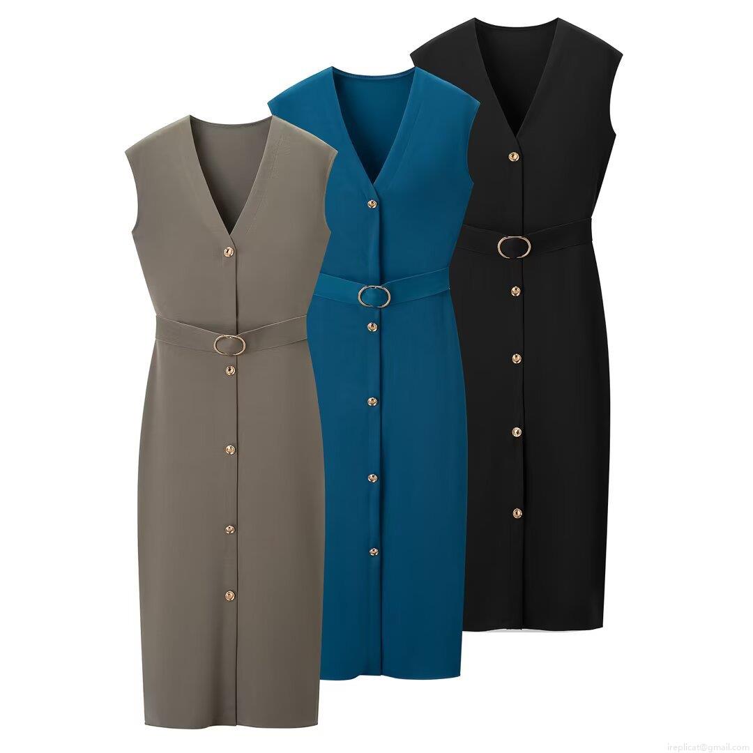 Women's Elegant V-Neck Sleeveless Midi Dress Polyester Cotton Blend Slim Fit Single Breasted Bodycon Summer Dress With Gold Buckle Belt For Office Party Women's Elegant V-Neck Sleeveless Midi Dress Polyester Cotton Blend Slim Fit Single Breasted Bodycon Summer Dress With Gold Buckle Belt For Office Party