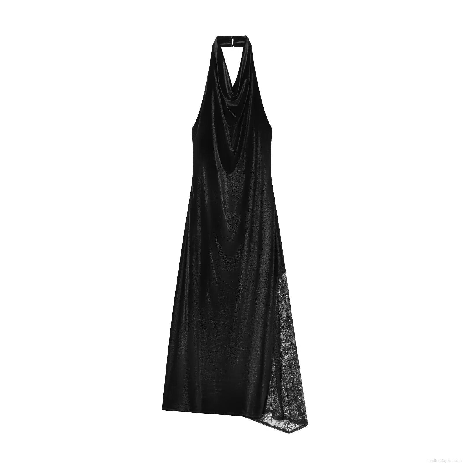 Elegant Black Velvet Lace Patchwork Midi Dress For Women Sexy Halter V Neck Sleeveless Backless Bodycon Evening Party Gown Wedding Anniversary Lady