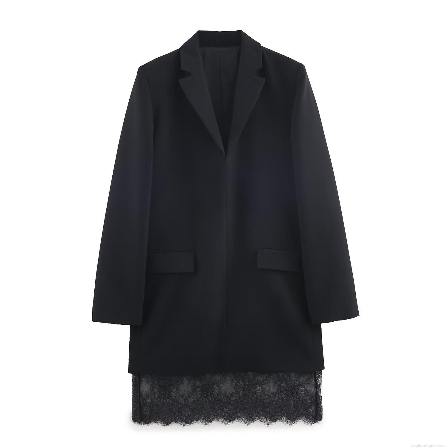 Elegant Black Lace Patchwork Blazer Dress For Women Luxury Long Sleeve V-Neck Midi Dress Office Party Celebrity Style Dress