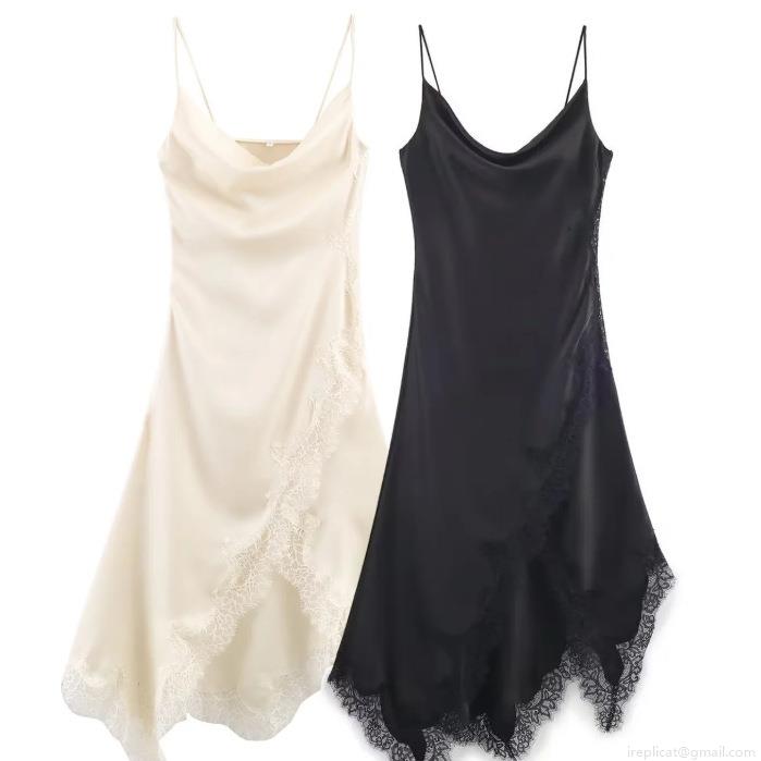 Elegant Women Satin Lace Trim Sling Dress Deep V Neck Sleeveless Asymmetric Hem Midi Cami Dress For Party Clubwear Elegant Women Satin Lace Trim Sling Dress Deep V Neck Sleeveless Asymmetric Hem Midi Cami Dress For Party Clubwear