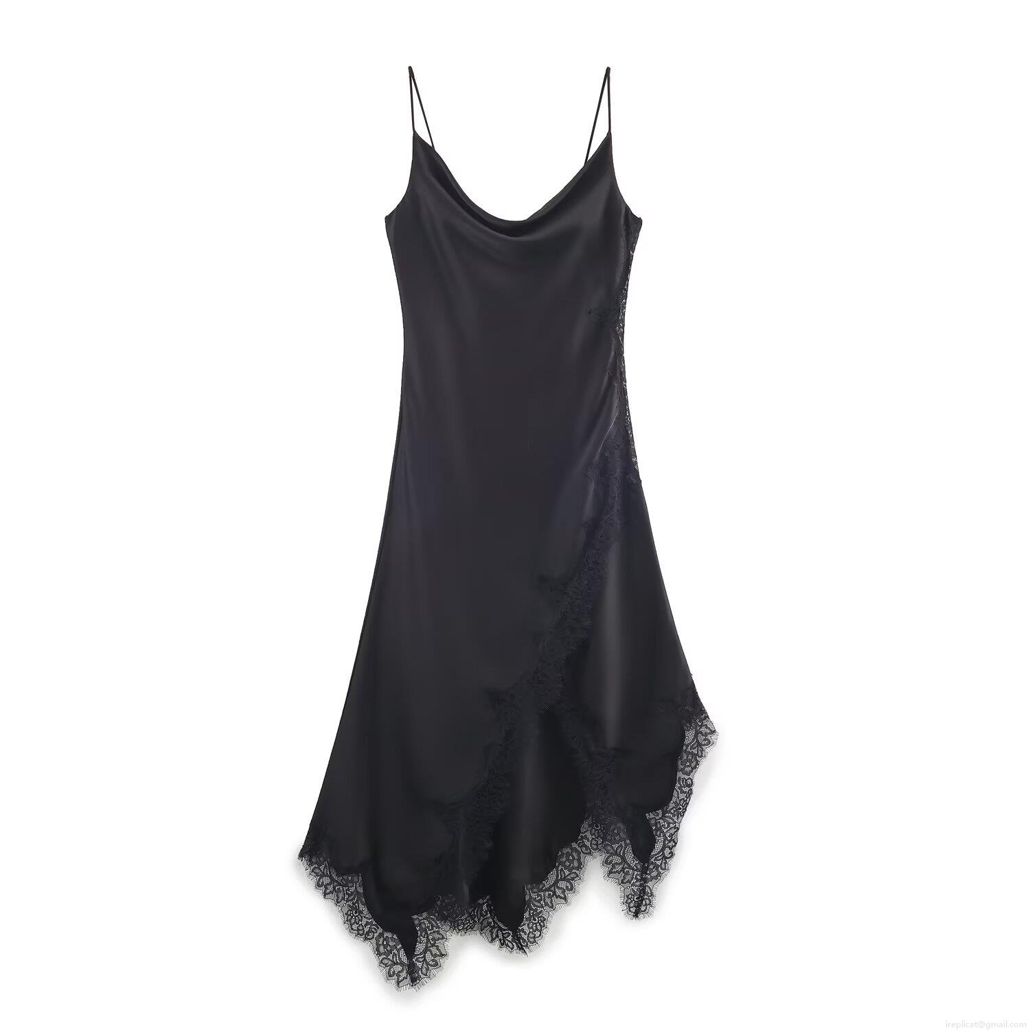Elegant Women Satin Lace Trim Sling Dress Deep V Neck Sleeveless Asymmetric Hem Midi Cami Dress For Party Clubwear