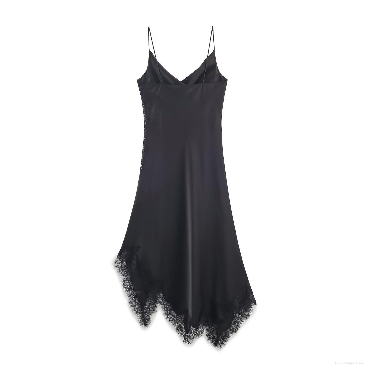 Elegant Women Satin Lace Trim Sling Dress Deep V Neck Sleeveless Asymmetric Hem Midi Cami Dress For Party Clubwear