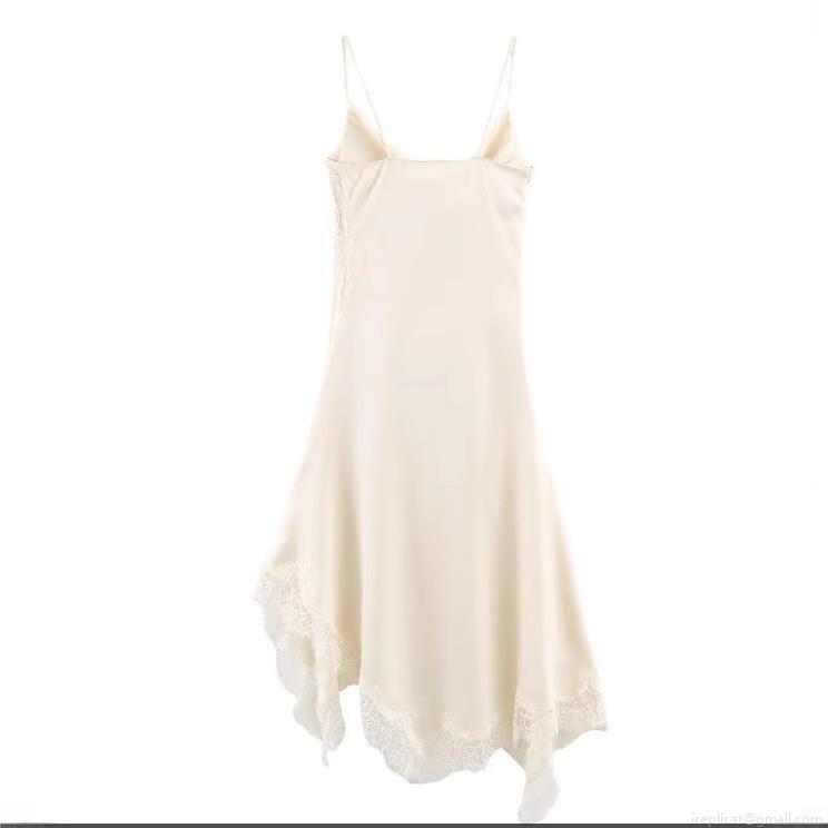 Elegant Women Satin Lace Trim Sling Dress Deep V Neck Sleeveless Asymmetric Hem Midi Cami Dress For Party Clubwear
