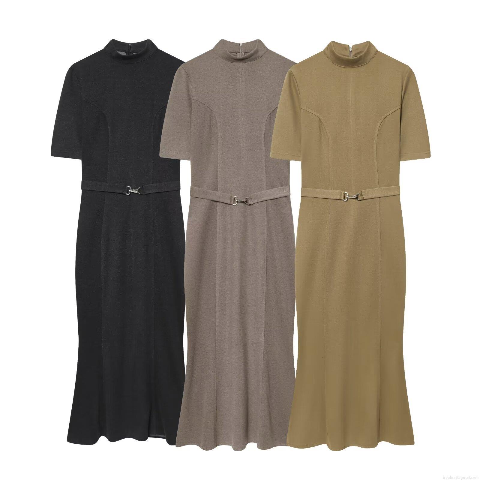 Women's Mock Neck Slim Fit Midi Dress with Belt Short Sleeve Fishtail Hem Bodycon Polyester Elegant Party Work Dress Solid Color Women's Mock Neck Slim Fit Midi Dress with Belt Short Sleeve Fishtail Hem Bodycon Polyester Elegant Party Work Dress Solid Color