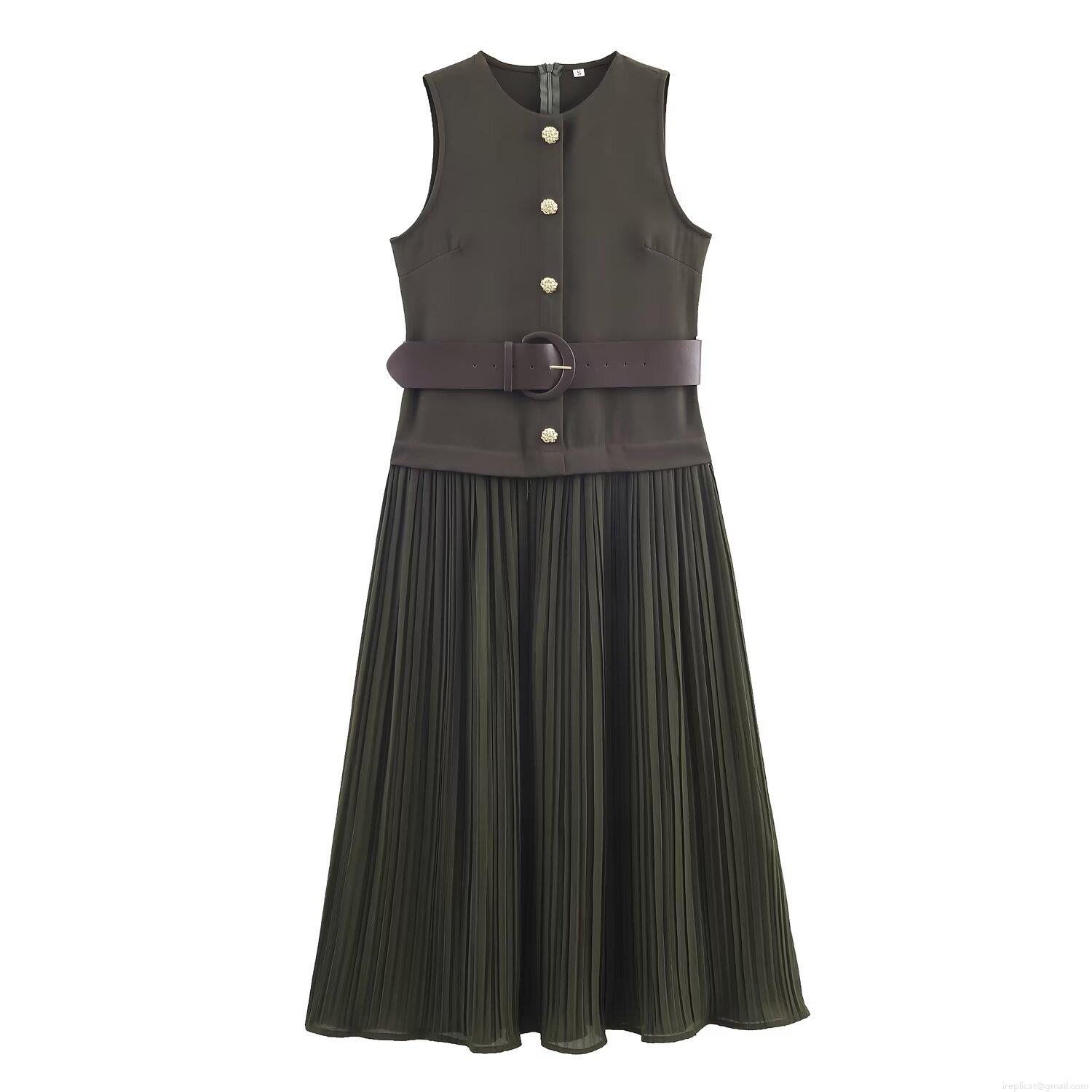 Women's Elegant Army Green Sleeveless Midi Dress With Belt Pleated Patchwork Round Neck Gold Buttons Solid Polyester Party Evening Dress Women's Elegant Army Green Sleeveless Midi Dress With Belt Pleated Patchwork Round Neck Gold Buttons Solid Polyester Party Evening Dress