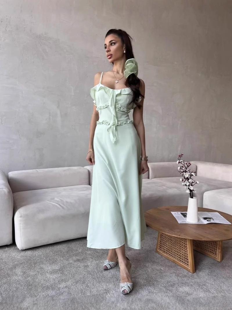 Women Elegant Ruffle Hem Cami Midi Dress Sexy Cotton Polyester Blend Summer Backless Sleeveless Solid Color Bow Tie Party Dress For Women Women Elegant Ruffle Hem Cami Midi Dress Sexy Cotton Polyester Blend Summer Backless Sleeveless Solid Color Bow Tie Party Dress For Women