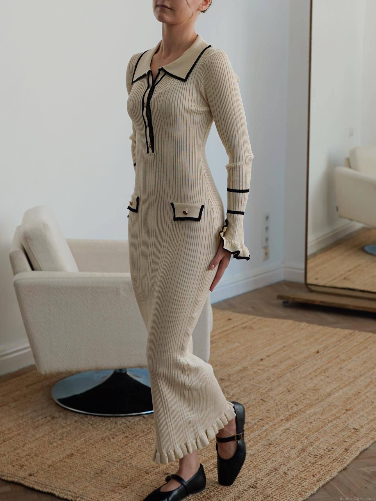 Women's Elegant French Retro Contrast Trim Knitted Dress Long Sleeve Ruffle Cuffs Slim Fit Ribbed Knit Midi Dress Color Block Elegant Light Luxury Knitted Gown For Women Women's Elegant French Retro Contrast Trim Knitted Dress Long Sleeve Ruffle Cuffs Slim Fit Ribbed Knit Midi Dress Color Block Elegant Light Luxury Knitted Gown For Women