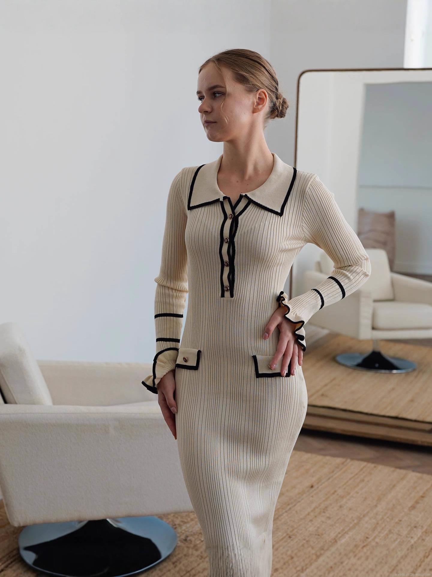 Women\'s Elegant French Retro Contrast Trim Knitted Dress Long Sleeve Ruffle Cuffs Slim Fit Ribbed Knit Midi Dress Color Block Elegant Light Luxury Knitted Gown For Women
