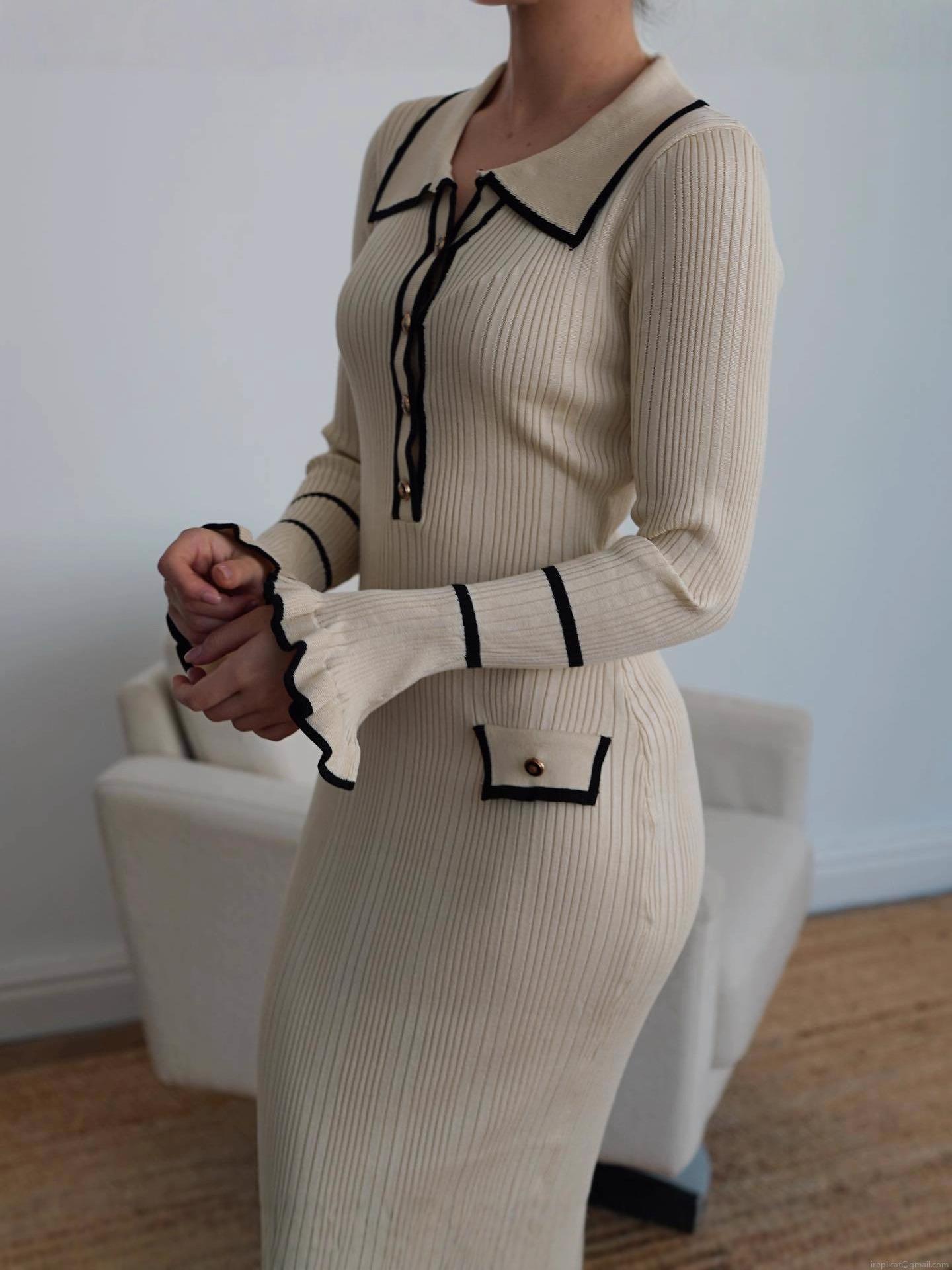 Women\'s Elegant French Retro Contrast Trim Knitted Dress Long Sleeve Ruffle Cuffs Slim Fit Ribbed Knit Midi Dress Color Block Elegant Light Luxury Knitted Gown For Women