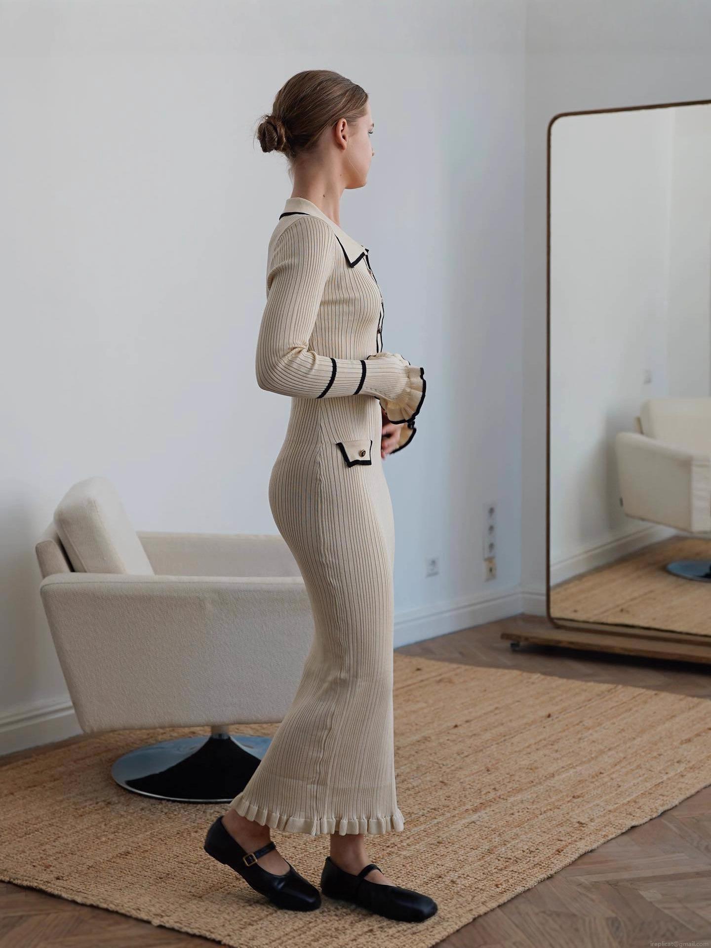 Women\'s Elegant French Retro Contrast Trim Knitted Dress Long Sleeve Ruffle Cuffs Slim Fit Ribbed Knit Midi Dress Color Block Elegant Light Luxury Knitted Gown For Women