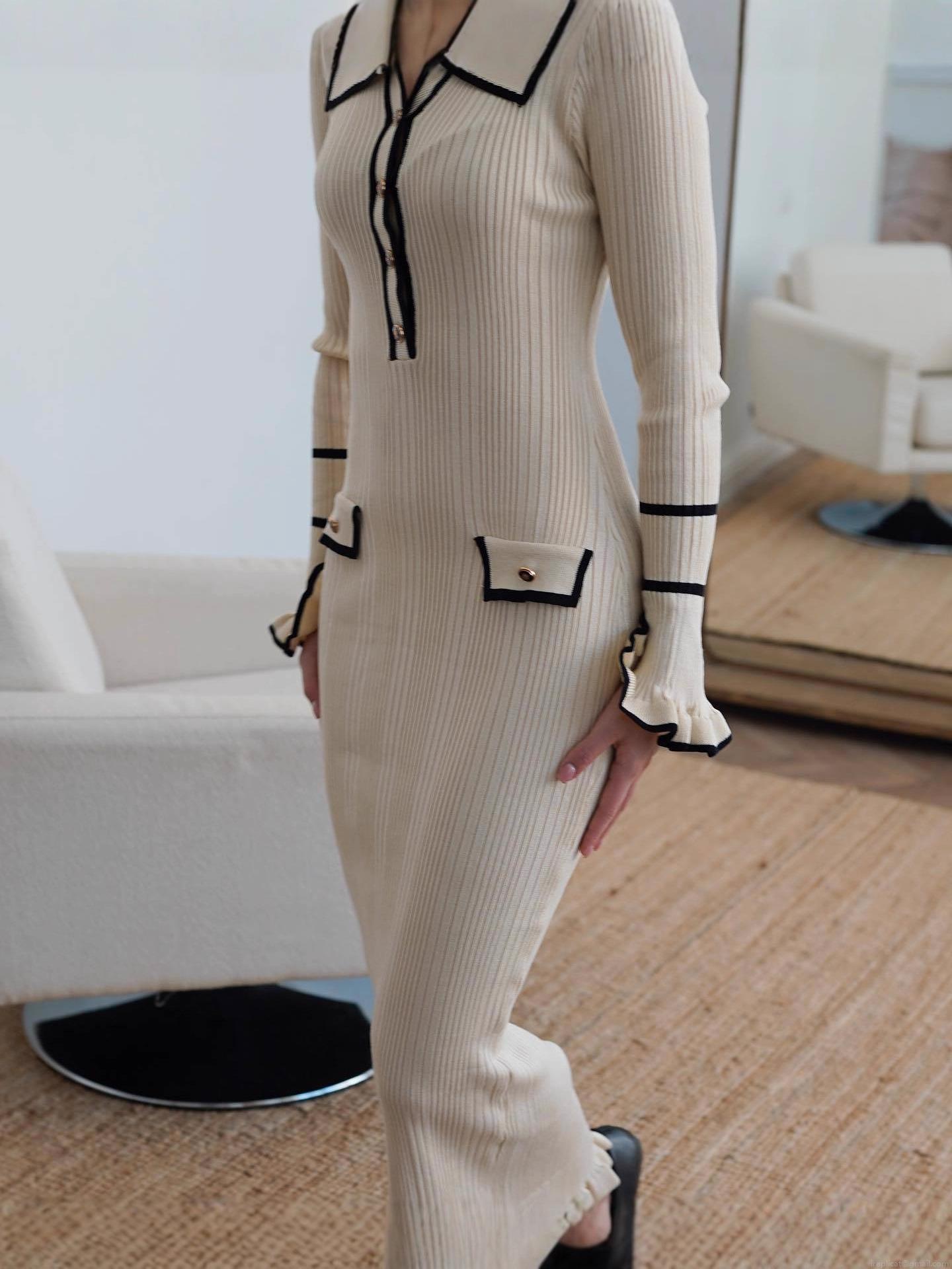 Women\'s Elegant French Retro Contrast Trim Knitted Dress Long Sleeve Ruffle Cuffs Slim Fit Ribbed Knit Midi Dress Color Block Elegant Light Luxury Knitted Gown For Women