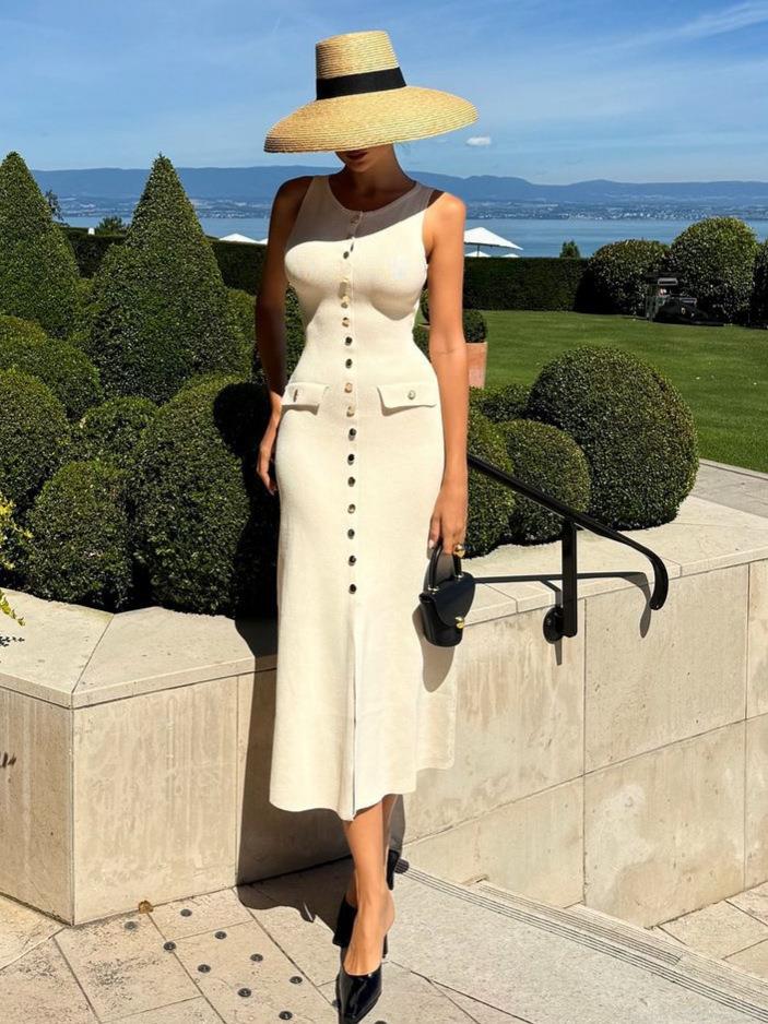 Women Sleeveless Ribbed Knit Maxi Dress Slim Fit Single Breasted Button Front Bodycon Long Dress With Decorative Pockets Sexy Commuter Summer Party Dress Women Sleeveless Ribbed Knit Maxi Dress Slim Fit Single Breasted Button Front Bodycon Long Dress With Decorative Pockets Sexy Commuter Summer Party Dress