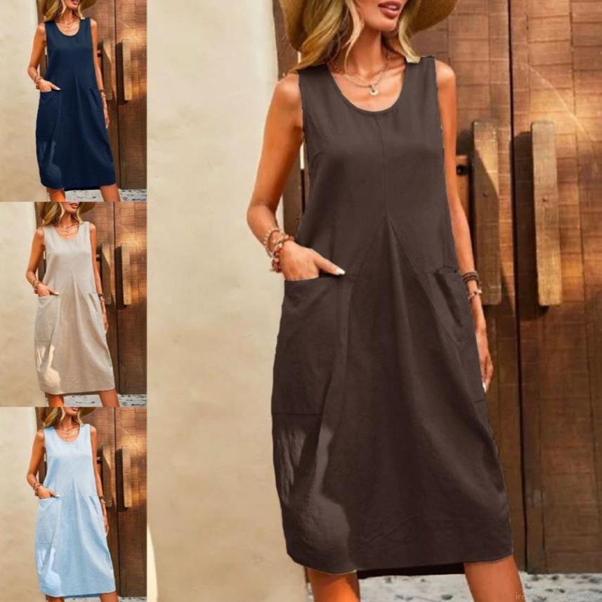 Women's Sleeveless Midi Dress U-Neck Loose Casual Cotton Polyester Blend Solid Color Summer Vacation Dress With Side Pockets Women's Sleeveless Midi Dress U-Neck Loose Casual Cotton Polyester Blend Solid Color Summer Vacation Dress With Side Pockets