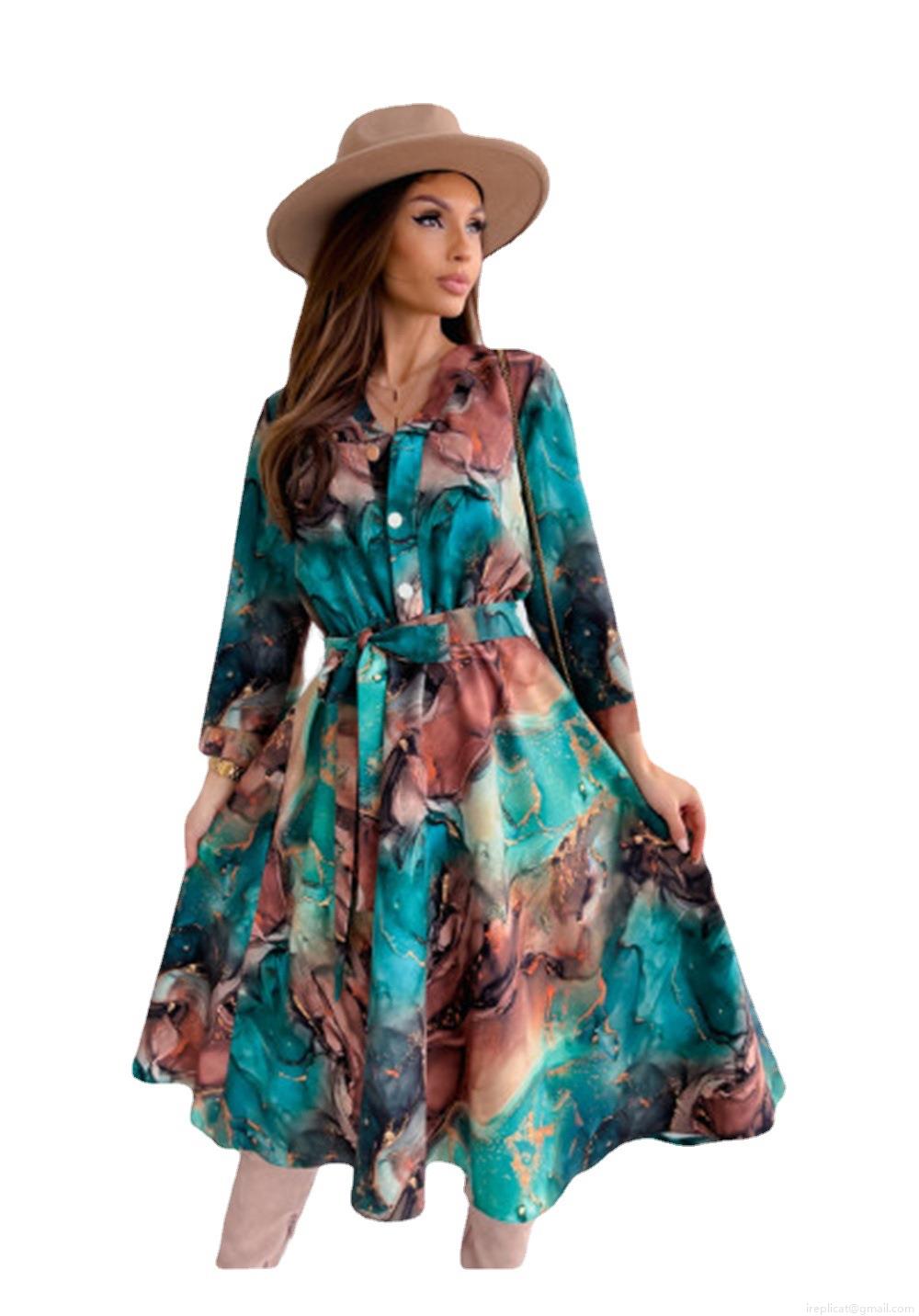 Women's V Neck Long Sleeve Printed Midi Dress Elegant Marble Leopard Chain Pattern Tie Waist A-Line Fashion Streetwear Clothing