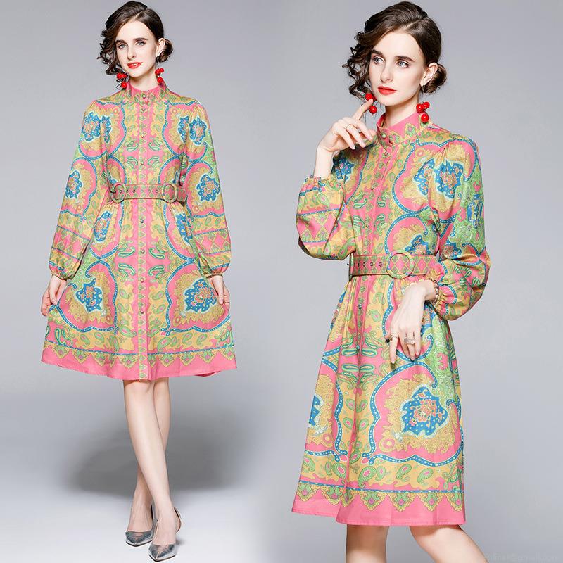 Elegant Women Retro Paisley Print A-Line Dress Stand Collar Long Lantern Sleeve With Belt Bohemian Party Office Midi Dresses Polyester Elegant Women Retro Paisley Print A-Line Dress Stand Collar Long Lantern Sleeve With Belt Bohemian Party Office Midi Dresses Polyester