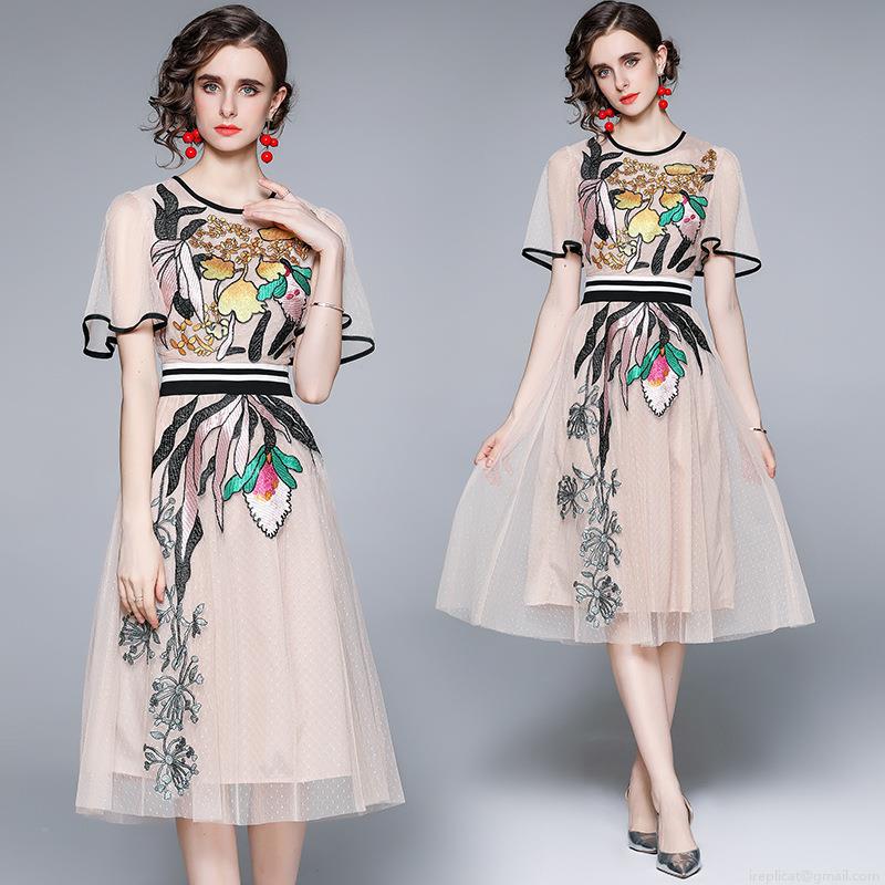 Elegant Women Mesh Midi Dress 65% Polyester 35% Cotton Heavy Floral Embroidery Ruffle Short Sleeve Round Neck Slim Fit A-Line Princess Style Party Banquet Dress Elegant Women Mesh Midi Dress 65% Polyester 35% Cotton Heavy Floral Embroidery Ruffle Short Sleeve Round Neck Slim Fit A-Line Princess Style Party Banquet Dress