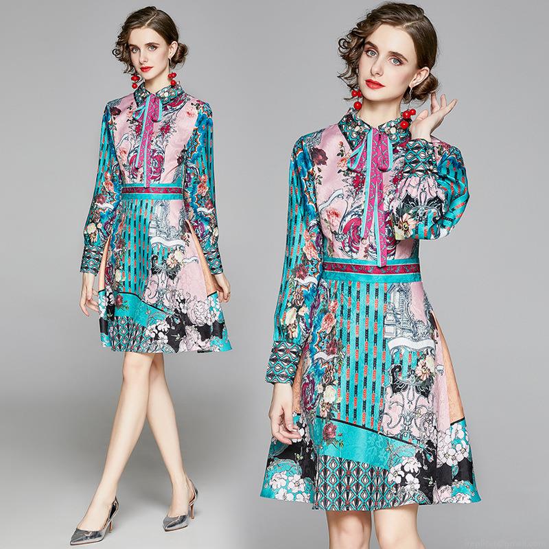 Women Elegant Multicolored Print Long Sleeve Lapel Bow Tie Shirt Dress Polyester A-Line Midi Dress For Office Casual Floral Geometric Dress Lady