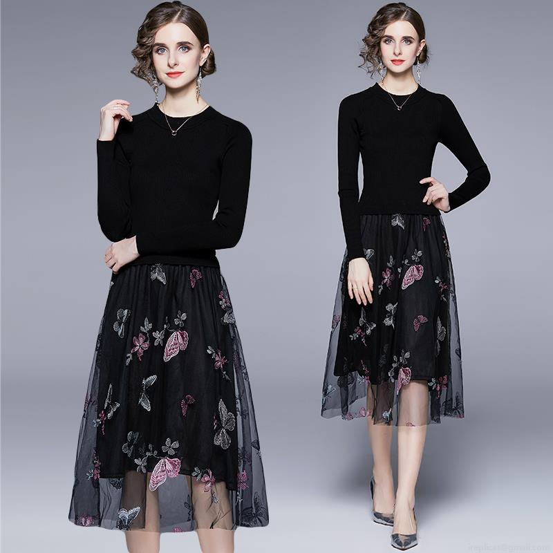 Women's Elegant Black Knit Dress With Butterfly Embroidery Mesh Patchwork High Waist Long Sleeve Midi Party Dress For Women Casual Chic Fashion Women's Elegant Black Knit Dress With Butterfly Embroidery Mesh Patchwork High Waist Long Sleeve Midi Party Dress For Women Casual Chic Fashion