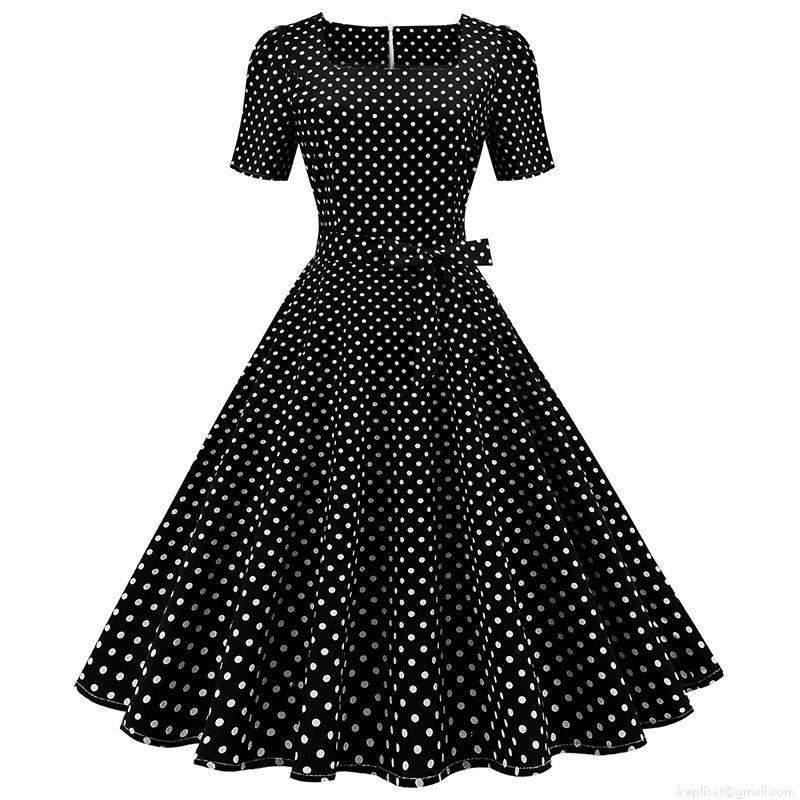 French Vintage Polka Dot Dress Square Neck Short Sleeve A-Line Midi Dress High Waist With Bow Women's Elegant Retro Party Casual Dresses French Vintage Polka Dot Dress Square Neck Short Sleeve A-Line Midi Dress High Waist With Bow Women's Elegant Retro Party Casual Dresses