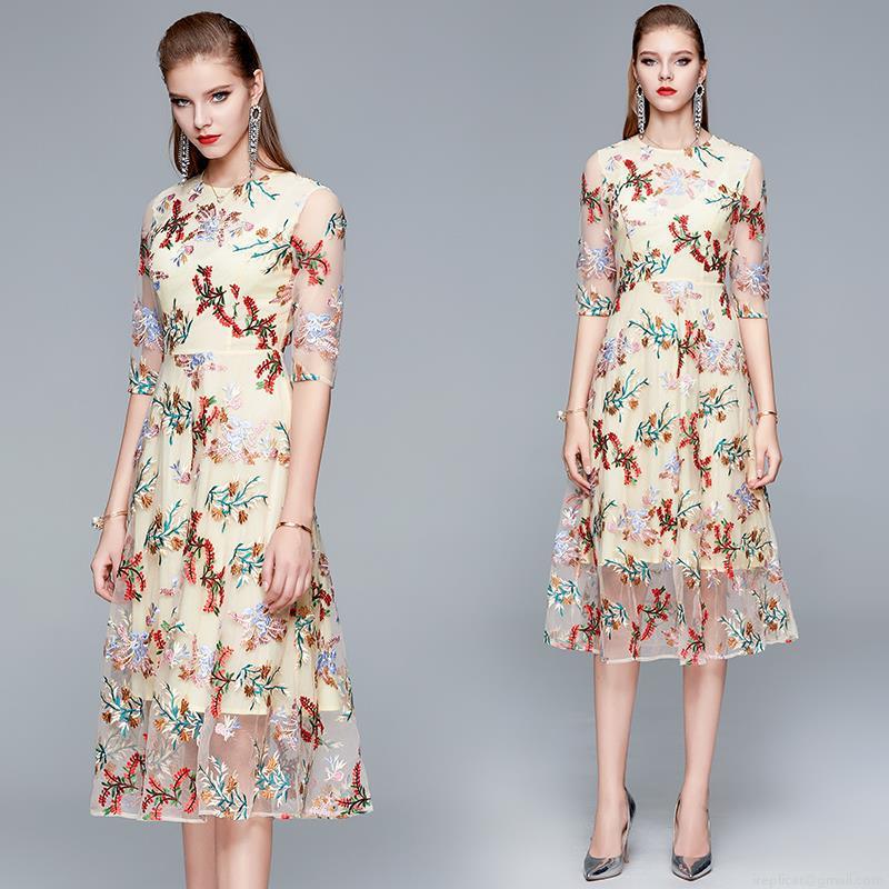 Elegant Women's Floral Embroidered Mesh Midi Dress Vintage Round Neck Short Sleeve A-Line Party Wedding Evening Prom Dress With Lining Elegant Women's Floral Embroidered Mesh Midi Dress Vintage Round Neck Short Sleeve A-Line Party Wedding Evening Prom Dress With Lining