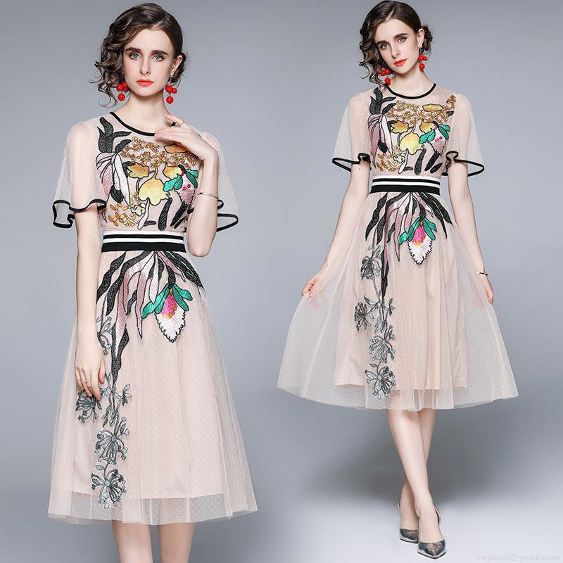 Women French Floral Embroidery Mesh Dress Elegant Short Bell Sleeve High Waist A-Line Midi Dress Contrast Stripe Belt Cotton Blend Lining Party Dress Women French Floral Embroidery Mesh Dress Elegant Short Bell Sleeve High Waist A-Line Midi Dress Contrast Stripe Belt Cotton Blend Lining Party Dress