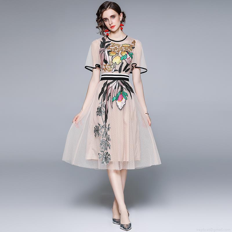Women French Floral Embroidery Mesh Dress Elegant Short Bell Sleeve High Waist A-Line Midi Dress Contrast Stripe Belt Cotton Blend Lining Party Dress