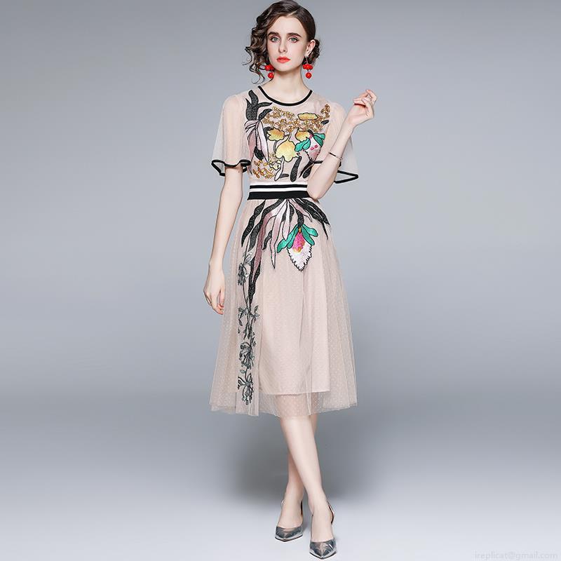 Women French Floral Embroidery Mesh Dress Elegant Short Bell Sleeve High Waist A-Line Midi Dress Contrast Stripe Belt Cotton Blend Lining Party Dress