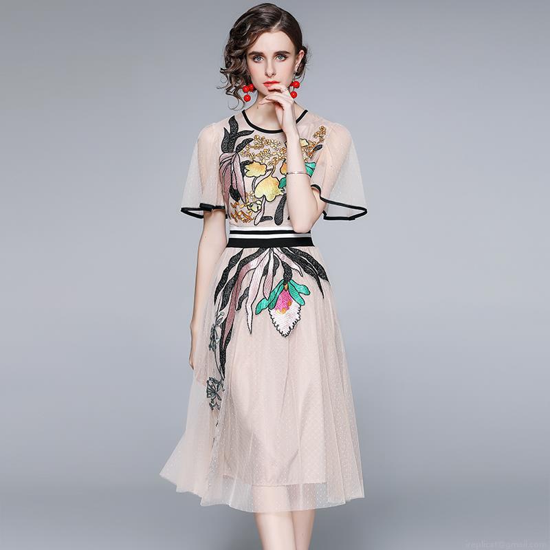 Women French Floral Embroidery Mesh Dress Elegant Short Bell Sleeve High Waist A-Line Midi Dress Contrast Stripe Belt Cotton Blend Lining Party Dress
