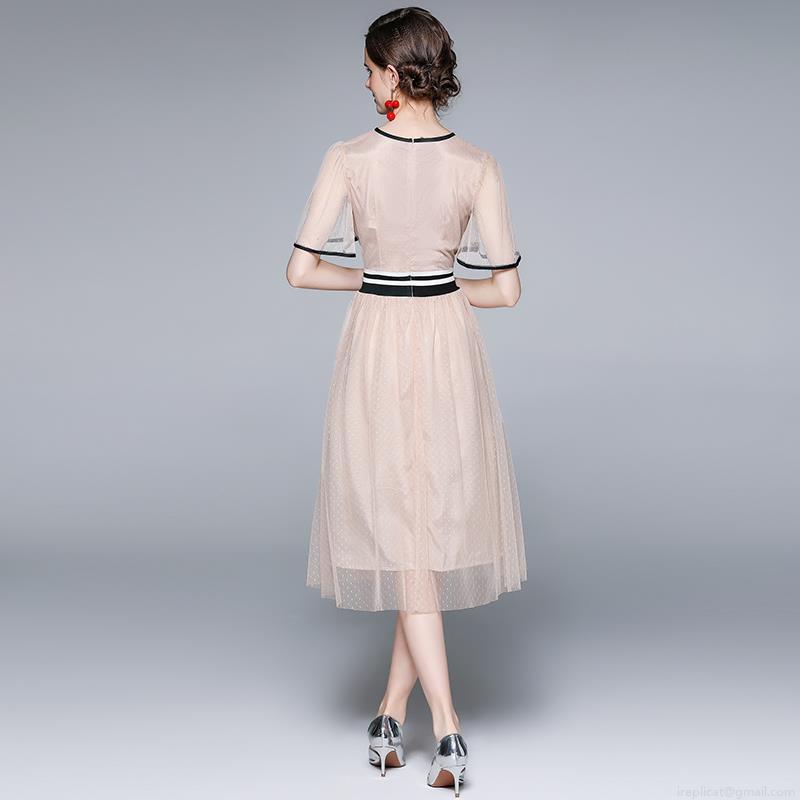 Women French Floral Embroidery Mesh Dress Elegant Short Bell Sleeve High Waist A-Line Midi Dress Contrast Stripe Belt Cotton Blend Lining Party Dress