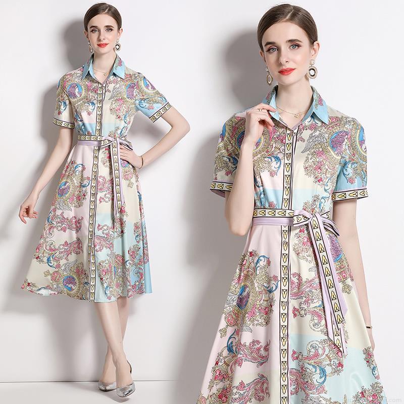 Women's Baroque Floral Print Midi Dress Retro French Short Sleeve Polo Collar A-Line Shirt Dress With Belt Elegant Commuter Polyester Blend Party Summer Wear Women's Baroque Floral Print Midi Dress Retro French Short Sleeve Polo Collar A-Line Shirt Dress With Belt Elegant Commuter Polyester Blend Party Summer Wear