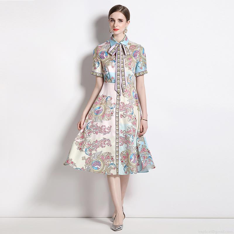 Women\'s Baroque Floral Print Midi Dress Retro French Short Sleeve Polo Collar A-Line Shirt Dress With Belt Elegant Commuter Polyester Blend Party Summer Wear
