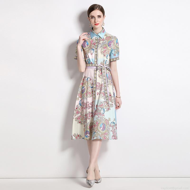Women\'s Baroque Floral Print Midi Dress Retro French Short Sleeve Polo Collar A-Line Shirt Dress With Belt Elegant Commuter Polyester Blend Party Summer Wear