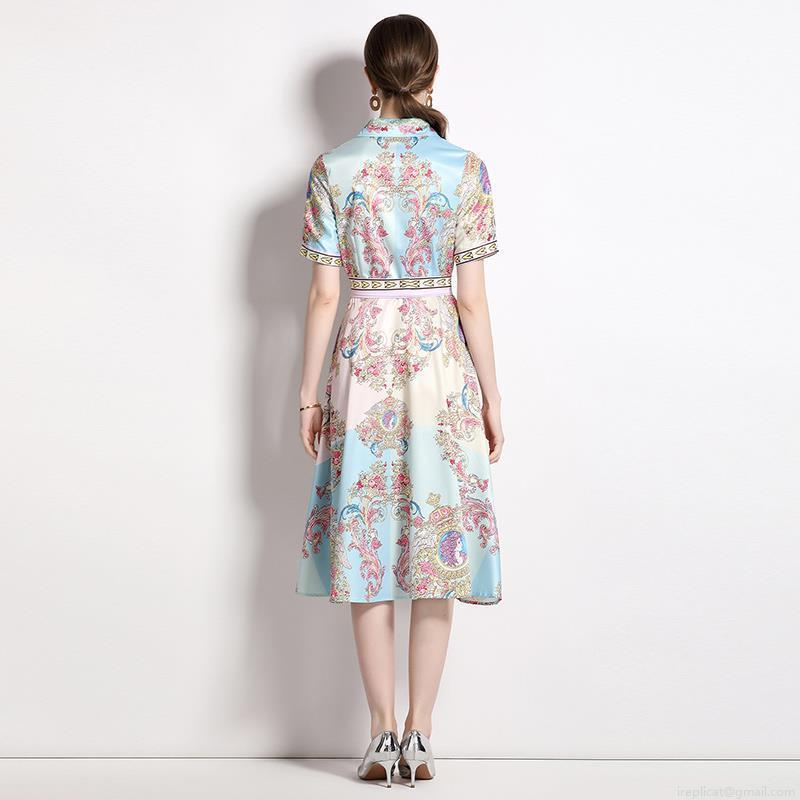 Women\'s Baroque Floral Print Midi Dress Retro French Short Sleeve Polo Collar A-Line Shirt Dress With Belt Elegant Commuter Polyester Blend Party Summer Wear