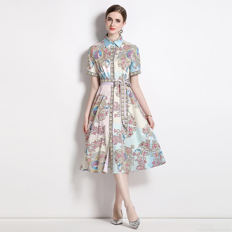 Women\'s Baroque Floral Print Midi Dress Retro French Short Sleeve Polo Collar A-Line Shirt Dress With Belt Elegant Commuter Polyester Blend Party Summer Wear