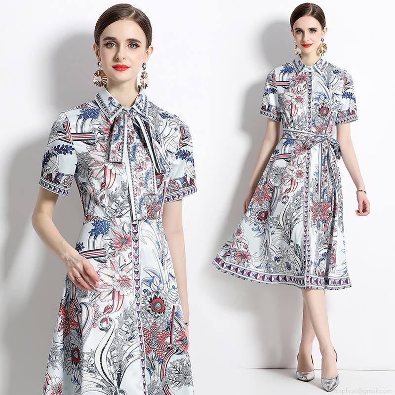 Women's Elegant Floral Printed Midi Dress With Belt Short Sleeve V-Neck Vintage A-Line Summer Dress For Office Party Lady Women's Elegant Floral Printed Midi Dress With Belt Short Sleeve V-Neck Vintage A-Line Summer Dress For Office Party Lady