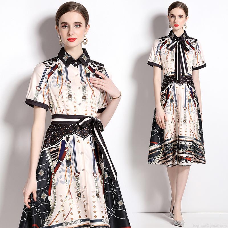 Women's Elegant Retro Horse Chain Print Midi Dress Short Sleeve Polo Collar With Bow Tie Belt Slim Fit A-Line Office Party Dress For Ladies Women's Elegant Retro Horse Chain Print Midi Dress Short Sleeve Polo Collar With Bow Tie Belt Slim Fit A-Line Office Party Dress For Ladies