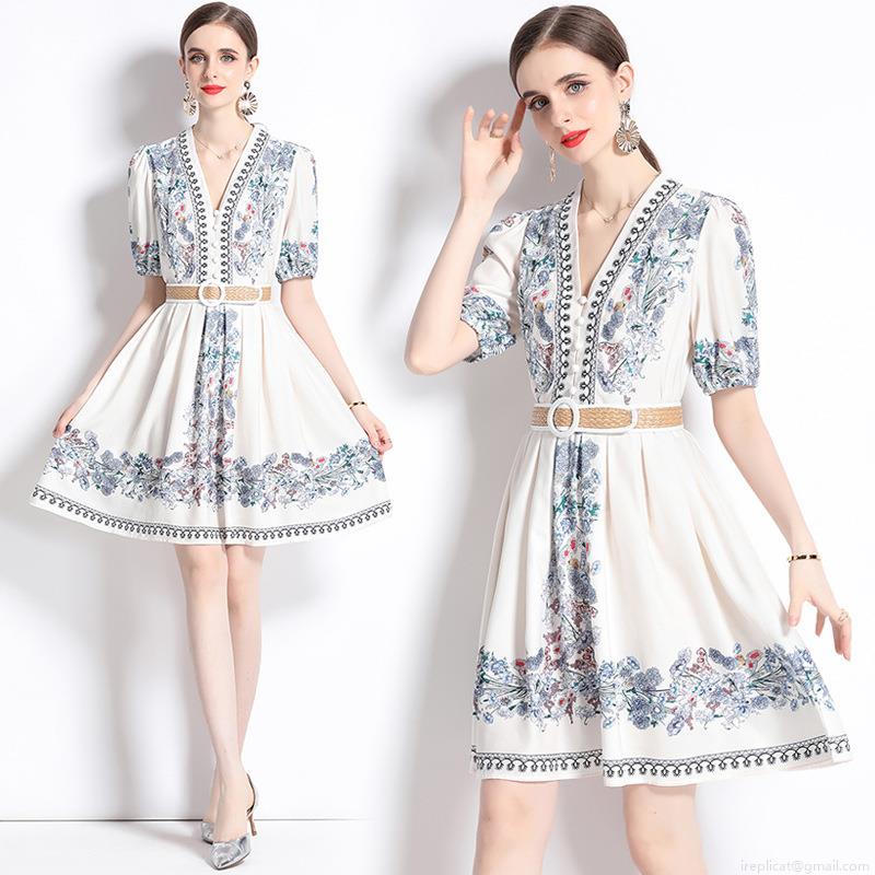 French Retro V-Neck Floral Print Midi Dress With Straw Belt Acetate Fiber Short Puff Sleeve A-Line Button Front Summer Dress For Women Elegant Vacation Style French Retro V-Neck Floral Print Midi Dress With Straw Belt Acetate Fiber Short Puff Sleeve A-Line Button Front Summer Dress For Women Elegant Vacation Style