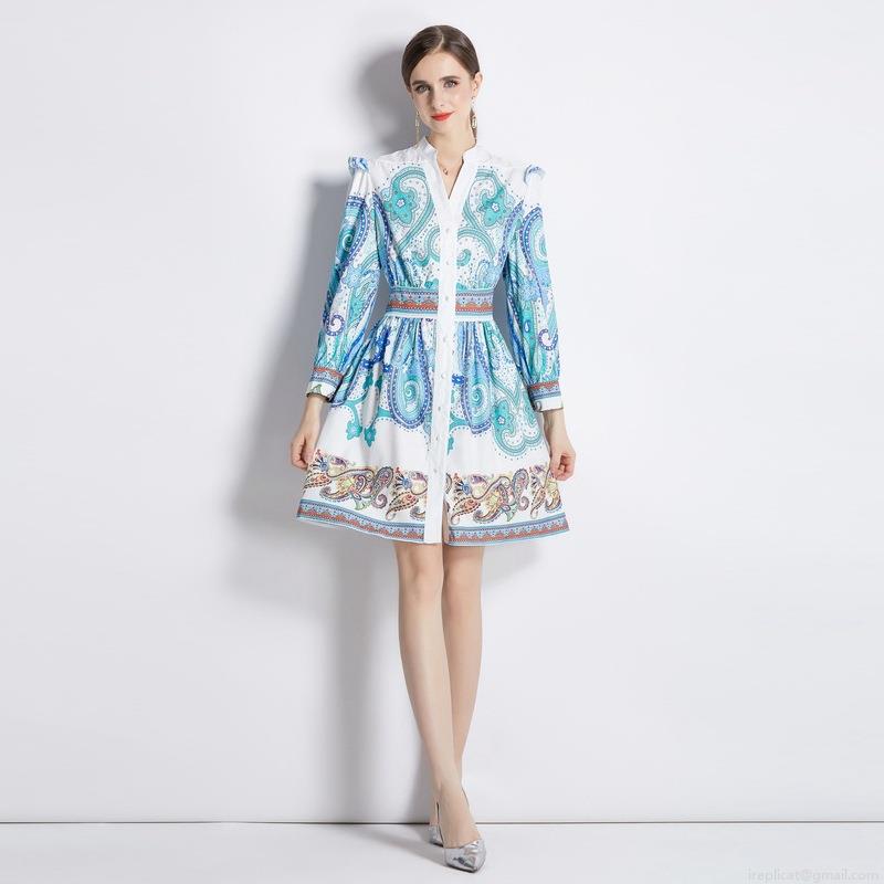 Women Elegant Paisley Print V-Neck Long Sleeve Dress High Waist Single Breasted A-Line Bohemian Midi Dress For Party Casual Vacation Lady Clothing Women Elegant Paisley Print V-Neck Long Sleeve Dress High Waist Single Breasted A-Line Bohemian Midi Dress For Party Casual Vacation Lady Clothing