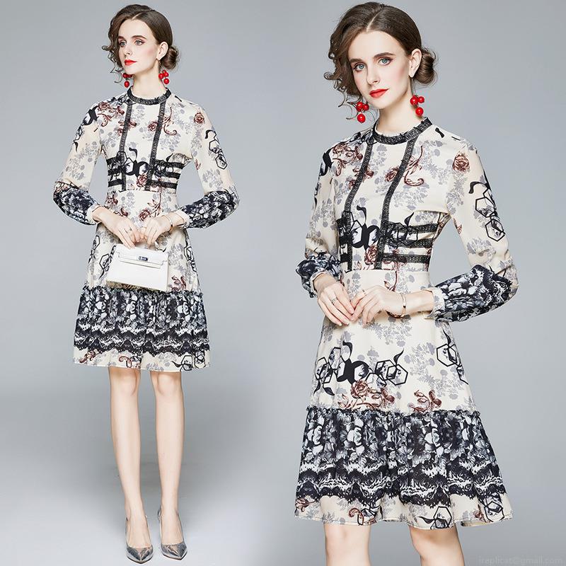 Elegant Women Floral Printed Chiffon Dress Long Sleeve Stand Collar Ruffle Hem Slimming Waist Retro Lace Patchwork Midi Dress Elegant Women Floral Printed Chiffon Dress Long Sleeve Stand Collar Ruffle Hem Slimming Waist Retro Lace Patchwork Midi Dress