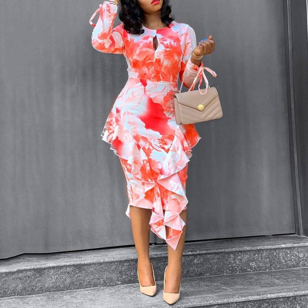 Women's Elegant Floral Print Long Sleeve Midi Dress Ruffle Hem Bodycon Pencil Dress For Office Commute Party Ladies Polyester Blend Slim Fit Dress Women's Elegant Floral Print Long Sleeve Midi Dress Ruffle Hem Bodycon Pencil Dress For Office Commute Party Ladies Polyester Blend Slim Fit Dress