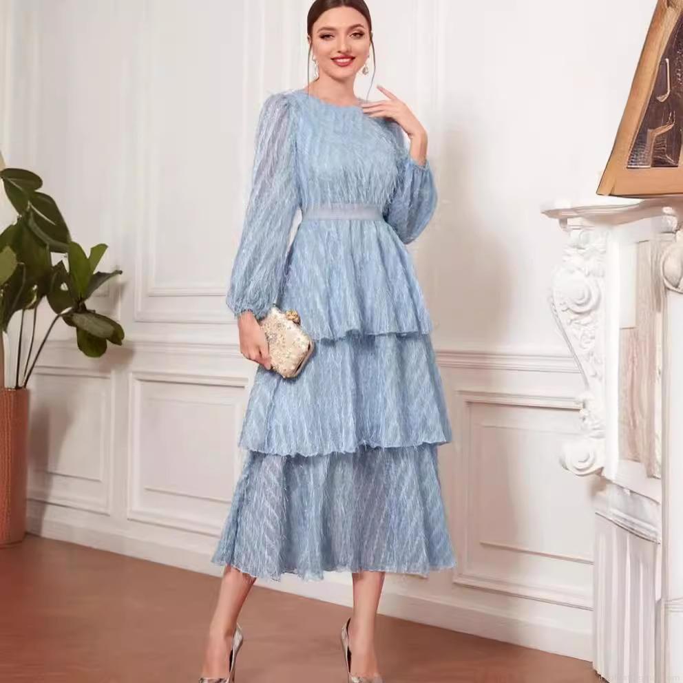 Vintage French Style Women Long Sleeve Round Neck Tiered Layered Cake Dress Solid Color Fringe Faux Feather Textured Slim Fit Midi Dress For Spring Party Casual Wear Vintage French Style Women Long Sleeve Round Neck Tiered Layered Cake Dress Solid Color Fringe Faux Feather Textured Slim Fit Midi Dress For Spring Party Casual Wear