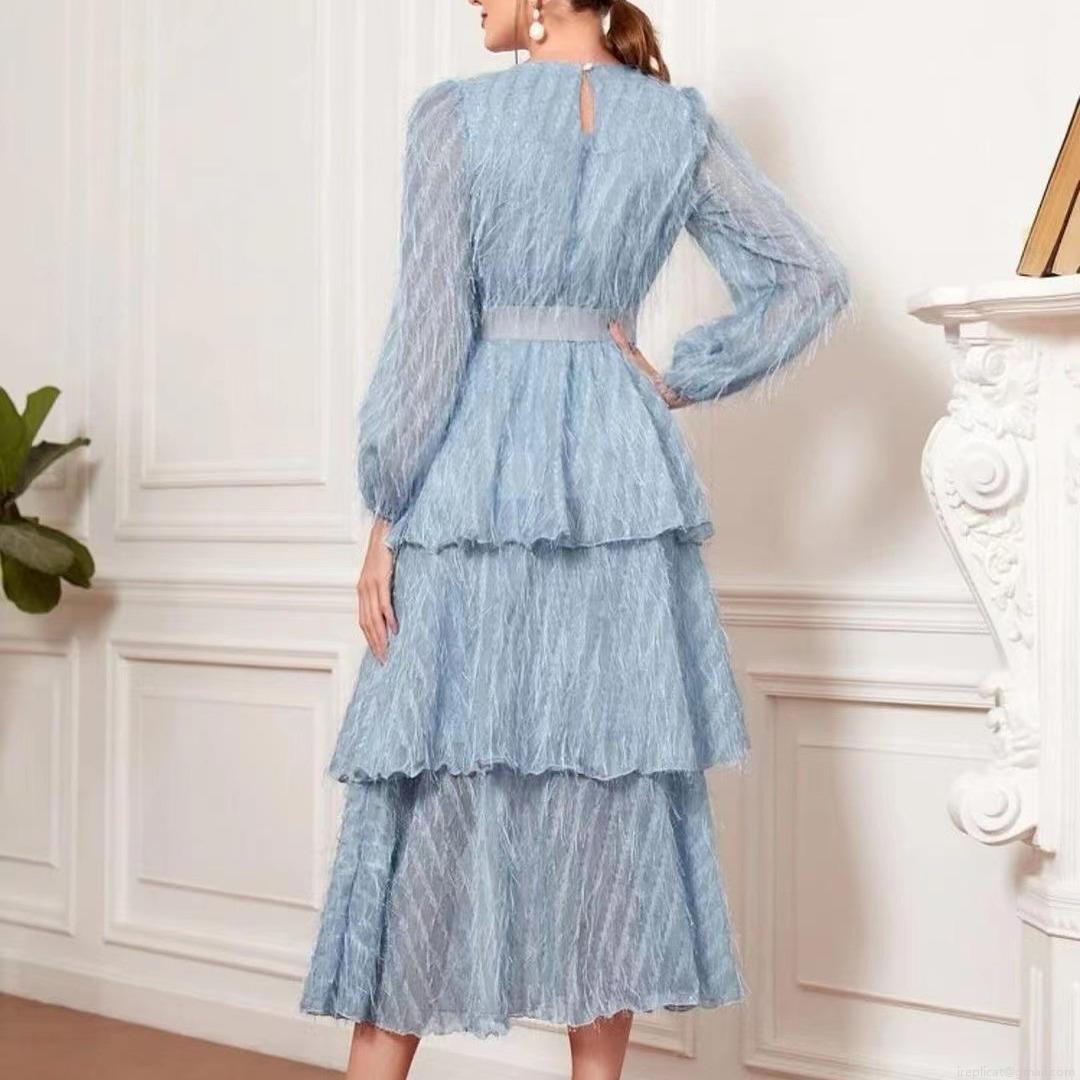 Vintage French Style Women Long Sleeve Round Neck Tiered Layered Cake Dress Solid Color Fringe Faux Feather Textured Slim Fit Midi Dress For Spring Party Casual Wear