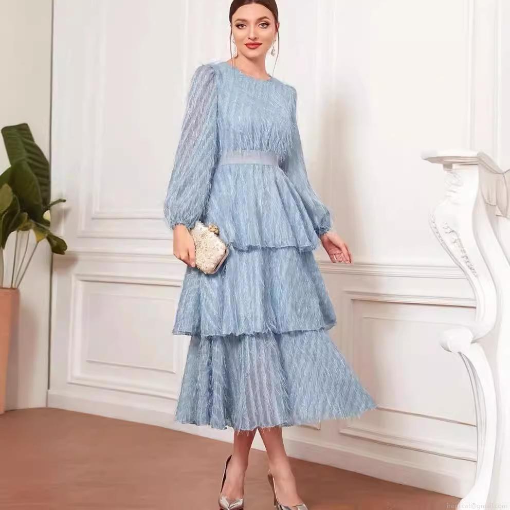 Vintage French Style Women Long Sleeve Round Neck Tiered Layered Cake Dress Solid Color Fringe Faux Feather Textured Slim Fit Midi Dress For Spring Party Casual Wear