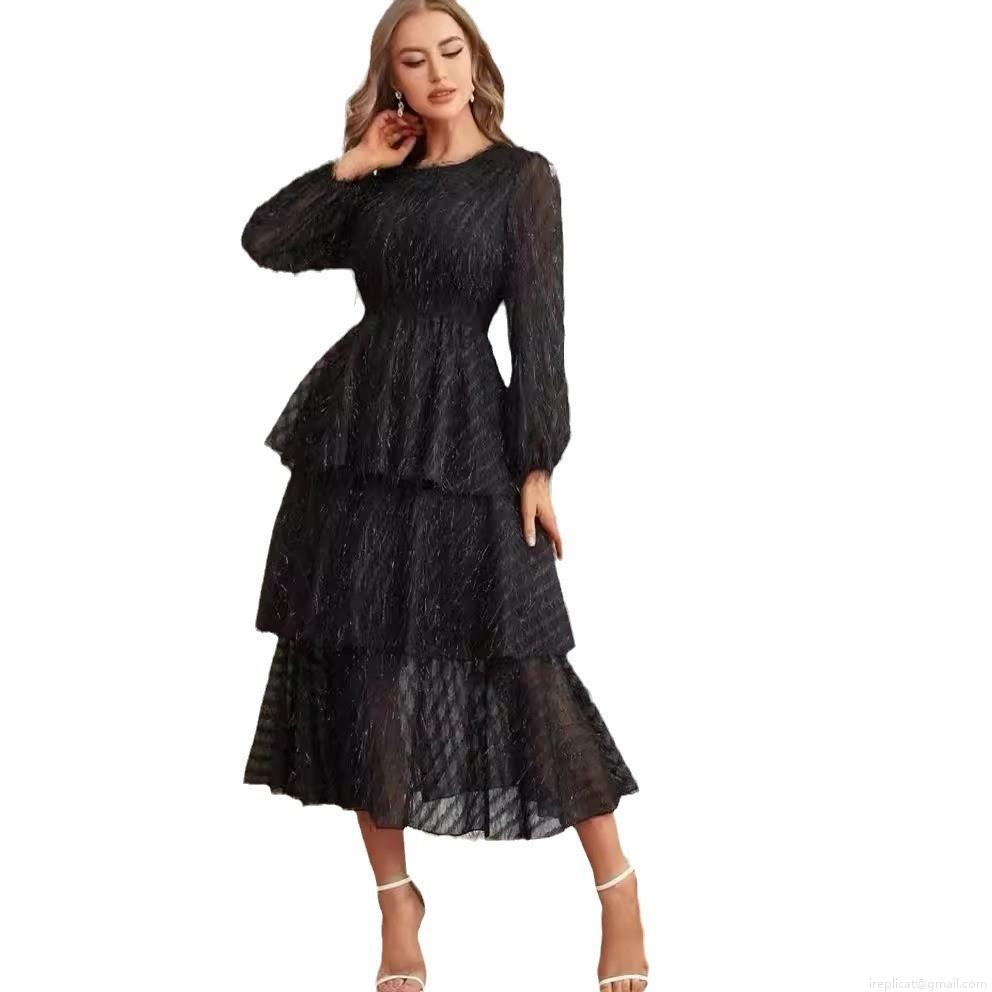 Vintage French Style Women Long Sleeve Round Neck Tiered Layered Cake Dress Solid Color Fringe Faux Feather Textured Slim Fit Midi Dress For Spring Party Casual Wear