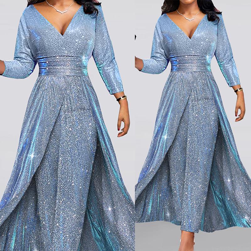 Women's Elegant V Neck Sequin Evening Gown Sparkly Long Sleeve High Split Maxi Dress For Banquet Wedding Party Sexy Formal Prom Dresses Women's Elegant V Neck Sequin Evening Gown Sparkly Long Sleeve High Split Maxi Dress For Banquet Wedding Party Sexy Formal Prom Dresses