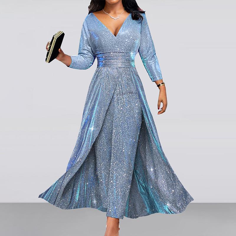 Women\'s Elegant V Neck Sequin Evening Gown Sparkly Long Sleeve High Split Maxi Dress For Banquet Wedding Party Sexy Formal Prom Dresses