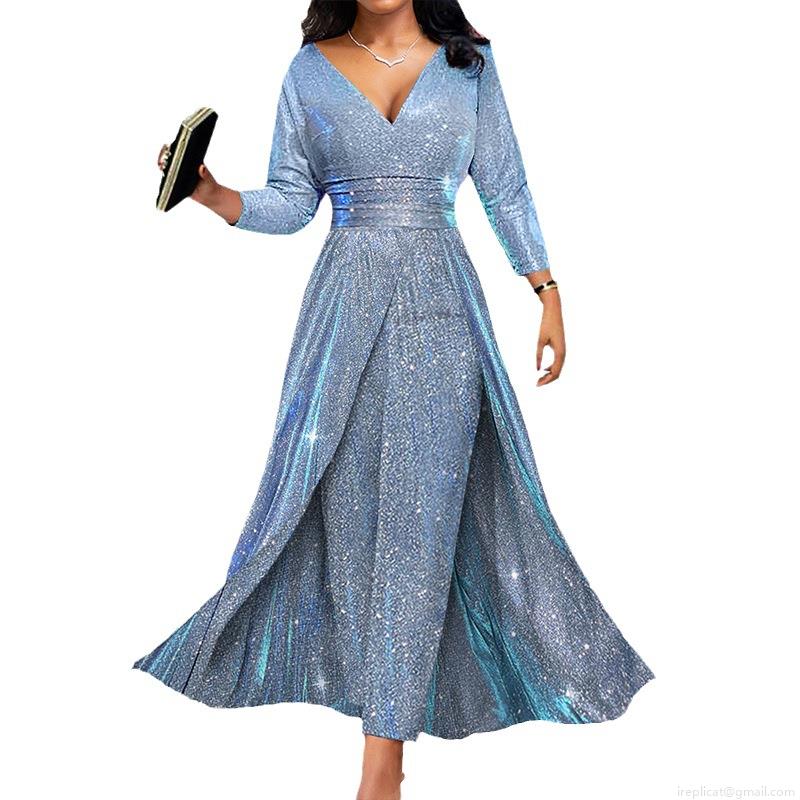 Women\'s Elegant V Neck Sequin Evening Gown Sparkly Long Sleeve High Split Maxi Dress For Banquet Wedding Party Sexy Formal Prom Dresses